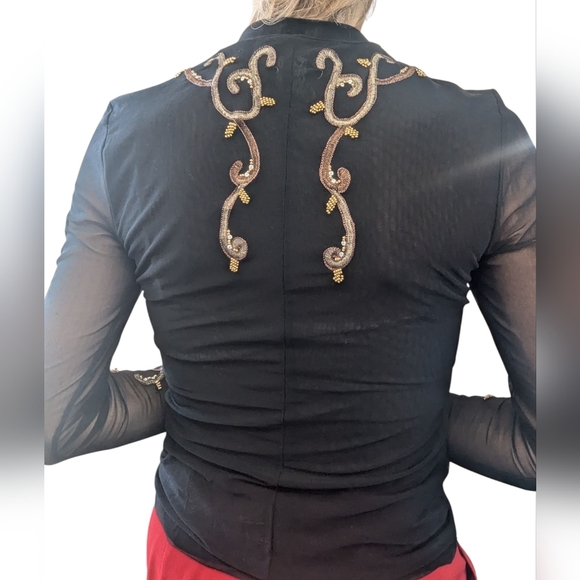 Cache Black Mesh Embellished Long Sleeve Top Sheer Beaded Scrolls | Small - Picture 7 of 9